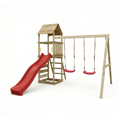 Parc de jeux en bois Maxplay 2.2 – Toboggan Rouge, Double Balançoire et Tour