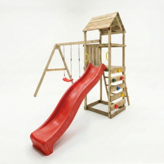 Parc de jeux en bois Maxplay 2.2 – Toboggan Rouge, Double Balançoire et Tour