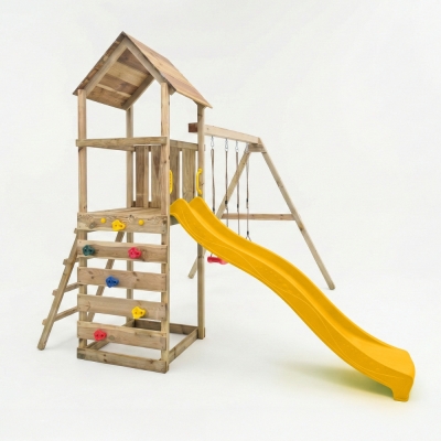 Parc de jeux en bois Maxplay 2.2 – Toboggan Jaune, Double Balançoire et Tour