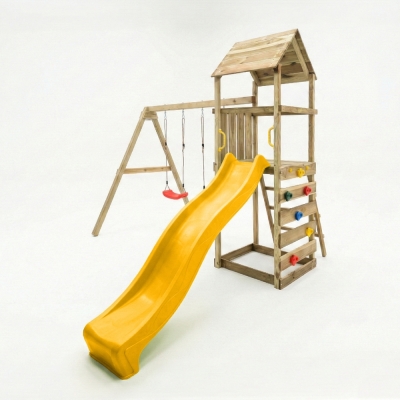 Parc de jeux en bois Maxplay 2.2 – Toboggan Jaune, Double Balançoire et Tour