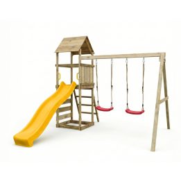 Parc de jeux en bois Maxplay 2.2 – Toboggan Jaune, Double Balançoire et Tour