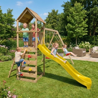 Parc de jeux en bois Maxplay 2.2 – Toboggan Jaune, Double Balançoire et Tour