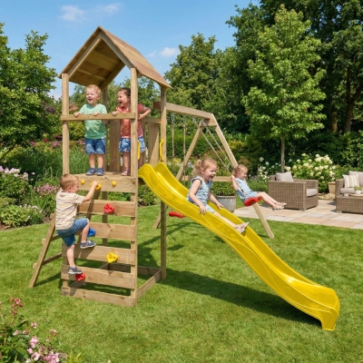 Parc de jeux en bois Maxplay 2.2 – Toboggan Jaune, Double Balançoire et Tour