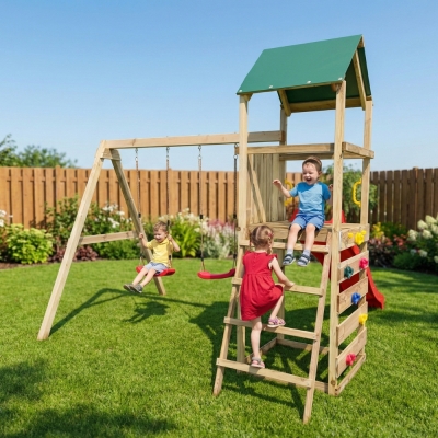 Aire de jeux en bois Maxplay 2.1 avec toboggan rouge, double balançoire et mur d’escalade pour jardin