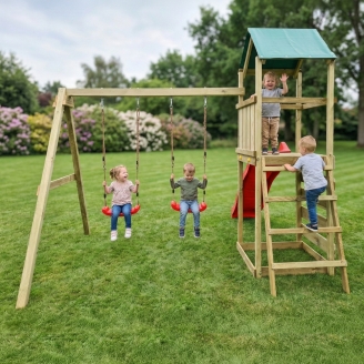 Aire de jeux en bois Maxplay 2.1 avec toboggan rouge, double balançoire et mur d’escalade pour jardin