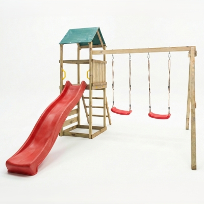 Aire de jeux en bois Maxplay 2.1 avec toboggan rouge, double balançoire et mur d’escalade pour jardin