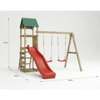 Aire de jeux en bois Maxplay 2.1 avec toboggan rouge, double balançoire et mur d’escalade pour jardin