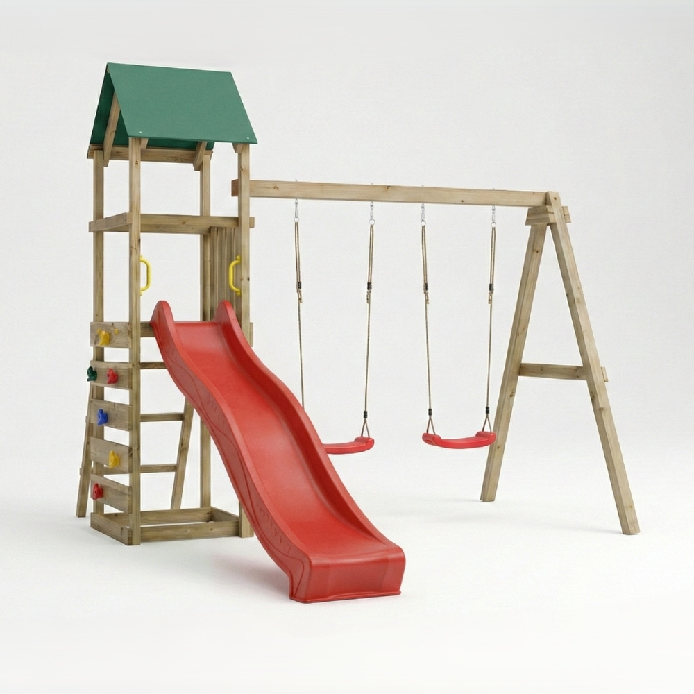 Aire de jeux en bois Maxplay 2.1 avec toboggan rouge, double balançoire et mur d’escalade pour jardin