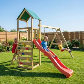 Aire de jeux en bois Maxplay 2.1 avec toboggan rouge, double balançoire et mur d’escalade pour jardin