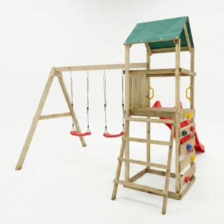 Aire de jeux en bois Maxplay 2.1 avec toboggan rouge, double balançoire et mur d’escalade pour jardin