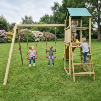 Aire de jeux en bois Maxplay 2.1 avec toboggan jaune, double balançoire et mur d’escalade pour jardin