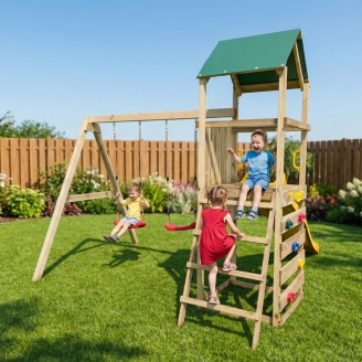 Aire de jeux en bois Maxplay 2.1 avec toboggan jaune, double balançoire et mur d’escalade pour jardin