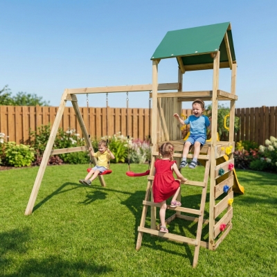 Aire de jeux en bois Maxplay 2.1 avec toboggan jaune, double balançoire et mur d’escalade pour jardin