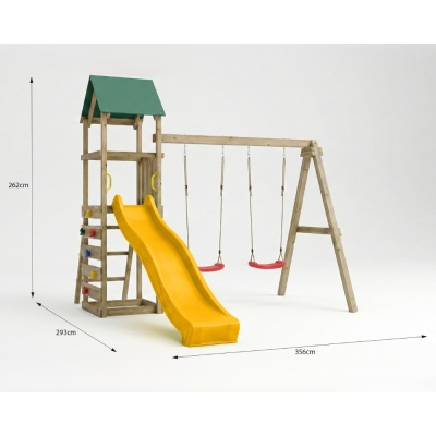 Aire de jeux en bois Maxplay 2.1 avec toboggan jaune, double balançoire et mur d’escalade pour jardin