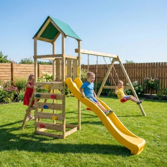 Aire de jeux en bois Maxplay 2.1 avec toboggan jaune, double balançoire et mur d’escalade pour jardin