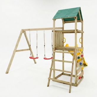 Aire de jeux en bois Maxplay 2.1 avec toboggan jaune, double balançoire et mur d’escalade pour jardin