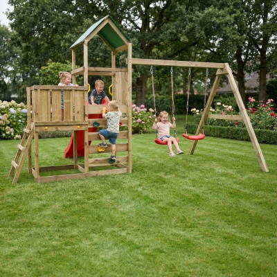 Parc de jeux en bois Maxplay 3.1 – Tour, Toboggan Rouge, Double Balançoire et Bac à Sable