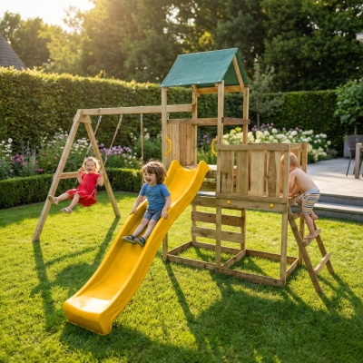 Parc de jeux en bois Maxplay 3.1 – Tour, Toboggan Jaune, Double Balançoire et Bac à Sable