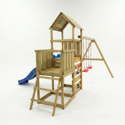 Aire de jeux en bois Maxplay 3.2 – Toboggan Bleu, Tour, Escalade et Double Balançoire