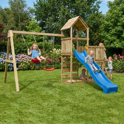 Aire de jeux en bois Maxplay 3.2 – Toboggan Bleu, Tour, Escalade et Double Balançoire