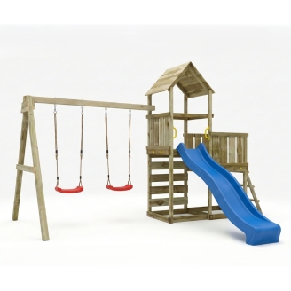 Aire de jeux en bois Maxplay 3.2 – Toboggan Bleu, Tour, Escalade et Double Balançoire
