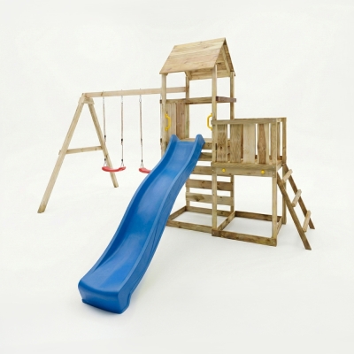 Aire de jeux en bois Maxplay 3.2 – Toboggan Bleu, Tour, Escalade et Double Balançoire
