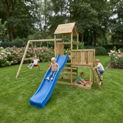 Aire de jeux en bois Maxplay 3.2 – Toboggan Bleu, Tour, Escalade et Double Balançoire