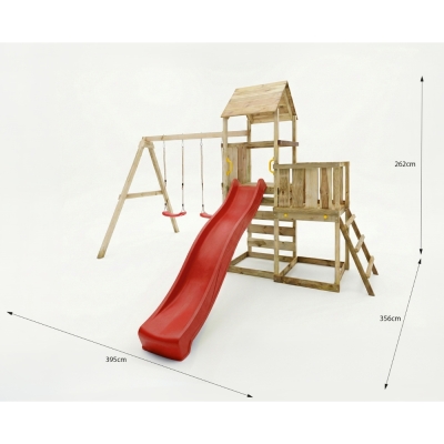 Aire de jeux en bois Maxplay 3.2 – Toboggan Rouge, Tour, Escalade et Double Balançoire
