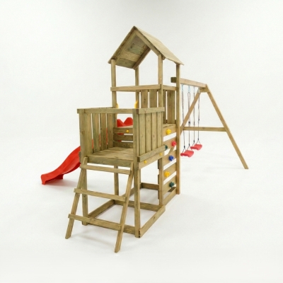 Aire de jeux en bois Maxplay 3.2 – Toboggan Rouge, Tour, Escalade et Double Balançoire