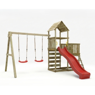 Aire de jeux en bois Maxplay 3.2 – Toboggan Rouge, Tour, Escalade et Double Balançoire