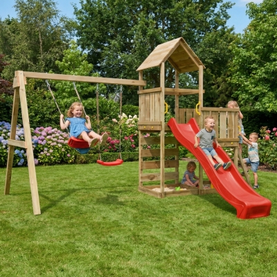 Aire de jeux en bois Maxplay 3.2 – Toboggan Rouge, Tour, Escalade et Double Balançoire