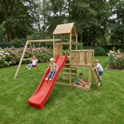 Aire de jeux en bois Maxplay 3.2 – Toboggan Rouge, Tour, Escalade et Double Balançoire