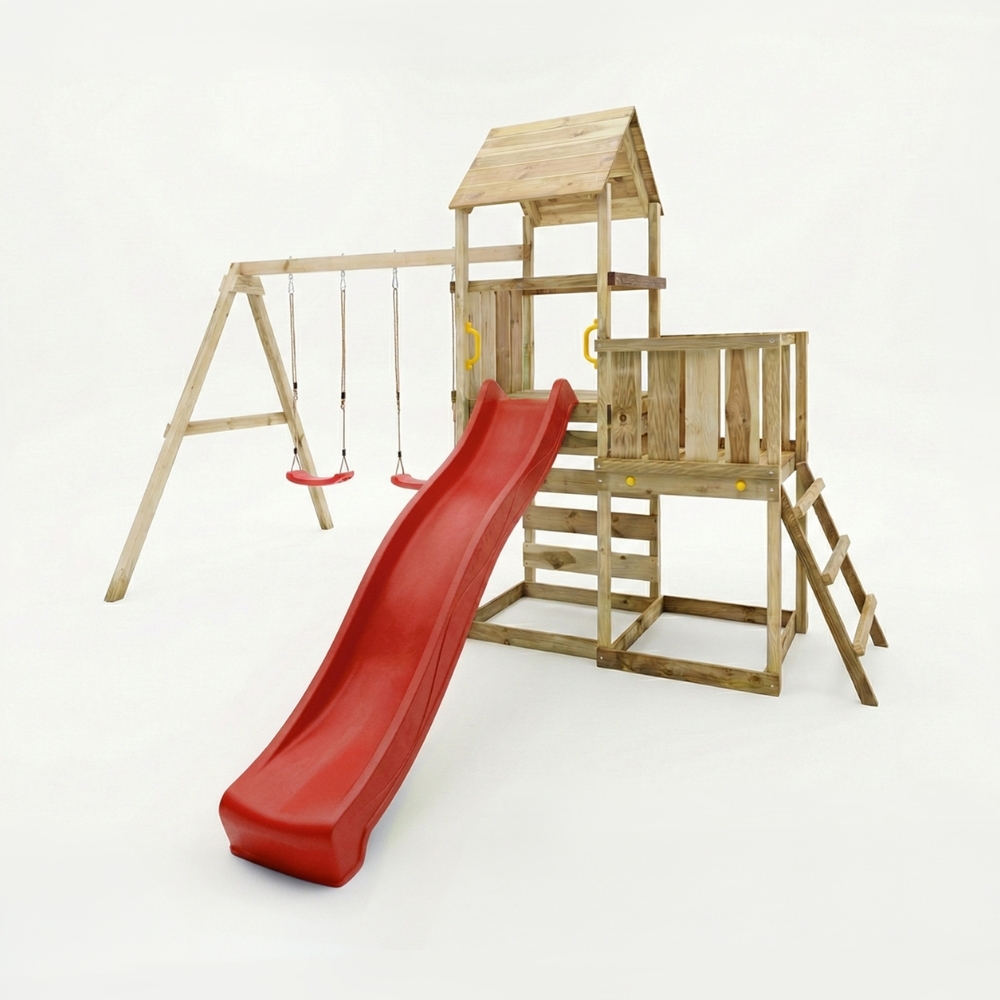Aire de jeux en bois Maxplay 3.2 – Toboggan Rouge, Tour, Escalade et Double Balançoire