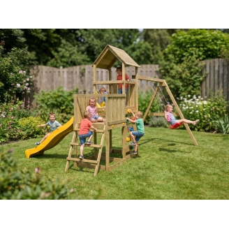 Aire de jeux en bois Maxplay 3.2 – Toboggan Jaune, Tour, Escalade et Double Balançoire