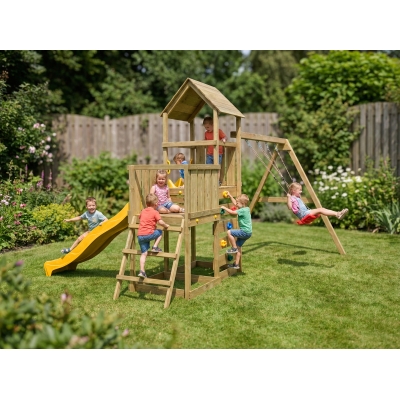 Aire de jeux en bois Maxplay 3.2 – Toboggan Jaune, Tour, Escalade et Double Balançoire