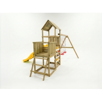 Aire de jeux en bois Maxplay 3.2 – Toboggan Jaune, Tour, Escalade et Double Balançoire