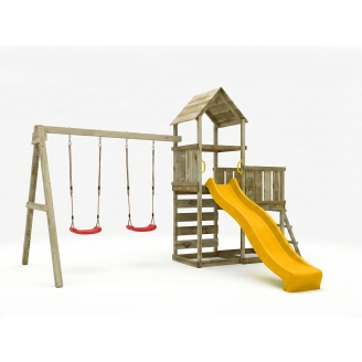 Aire de jeux en bois Maxplay 3.2 – Toboggan Jaune, Tour, Escalade et Double Balançoire