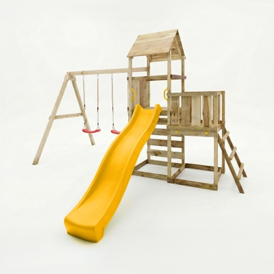 Aire de jeux en bois Maxplay 3.2 – Toboggan Jaune, Tour, Escalade et Double Balançoire