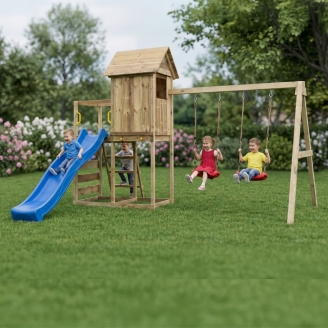 Maisonnette surélevée Maxplay 5 – Toboggan Bleu, Double Balançoire et Mur d’Escalade
