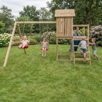 Maisonnette surélevée Maxplay 5 – Toboggan Bleu, Double Balançoire et Mur d’Escalade