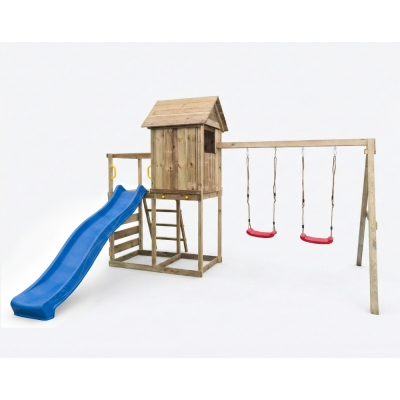 Maisonnette surélevée Maxplay 5 – Toboggan Bleu, Double Balançoire et Mur d’Escalade