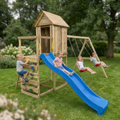 Maisonnette surélevée Maxplay 5 – Toboggan Bleu, Double Balançoire et Mur d’Escalade