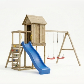 Maisonnette surélevée Maxplay 5 – Toboggan Bleu, Double Balançoire et Mur d’Escalade