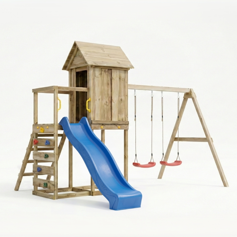 Maisonnette surélevée Maxplay 5 – Toboggan Bleu, Double Balançoire et Mur d’Escalade
