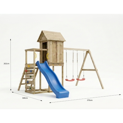 Maisonnette surélevée Maxplay 5 – Toboggan Bleu, Double Balançoire et Mur d’Escalade