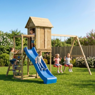 Maisonnette surélevée Maxplay 5 – Toboggan Bleu, Double Balançoire et Mur d’Escalade