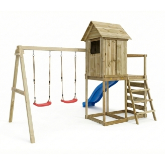 Maisonnette surélevée Maxplay 5 – Toboggan Bleu, Double Balançoire et Mur d’Escalade
