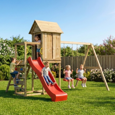 Maisonnette surélevée Maxplay 5 – Toboggan Rouge, Double Balançoire et Mur d’Escalade