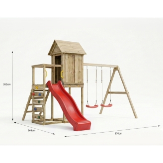 Maisonnette surélevée Maxplay 5 – Toboggan Rouge, Double Balançoire et Mur d’Escalade