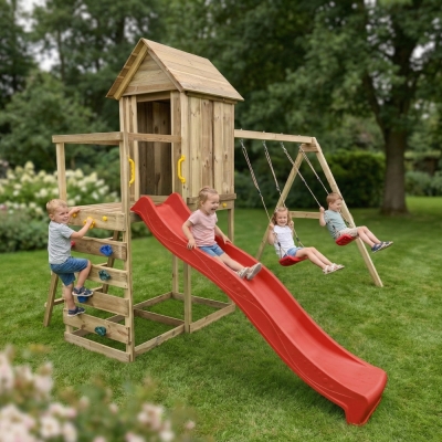 Maisonnette surélevée Maxplay 5 – Toboggan Rouge, Double Balançoire et Mur d’Escalade